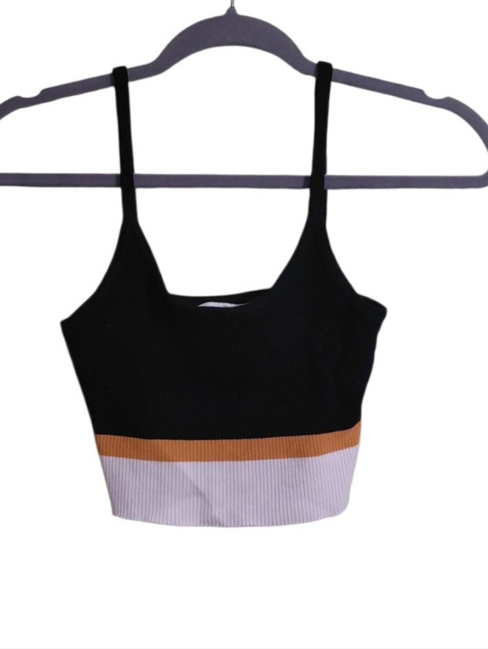 Love Tree Black Cropped Tank with Tan and White Band